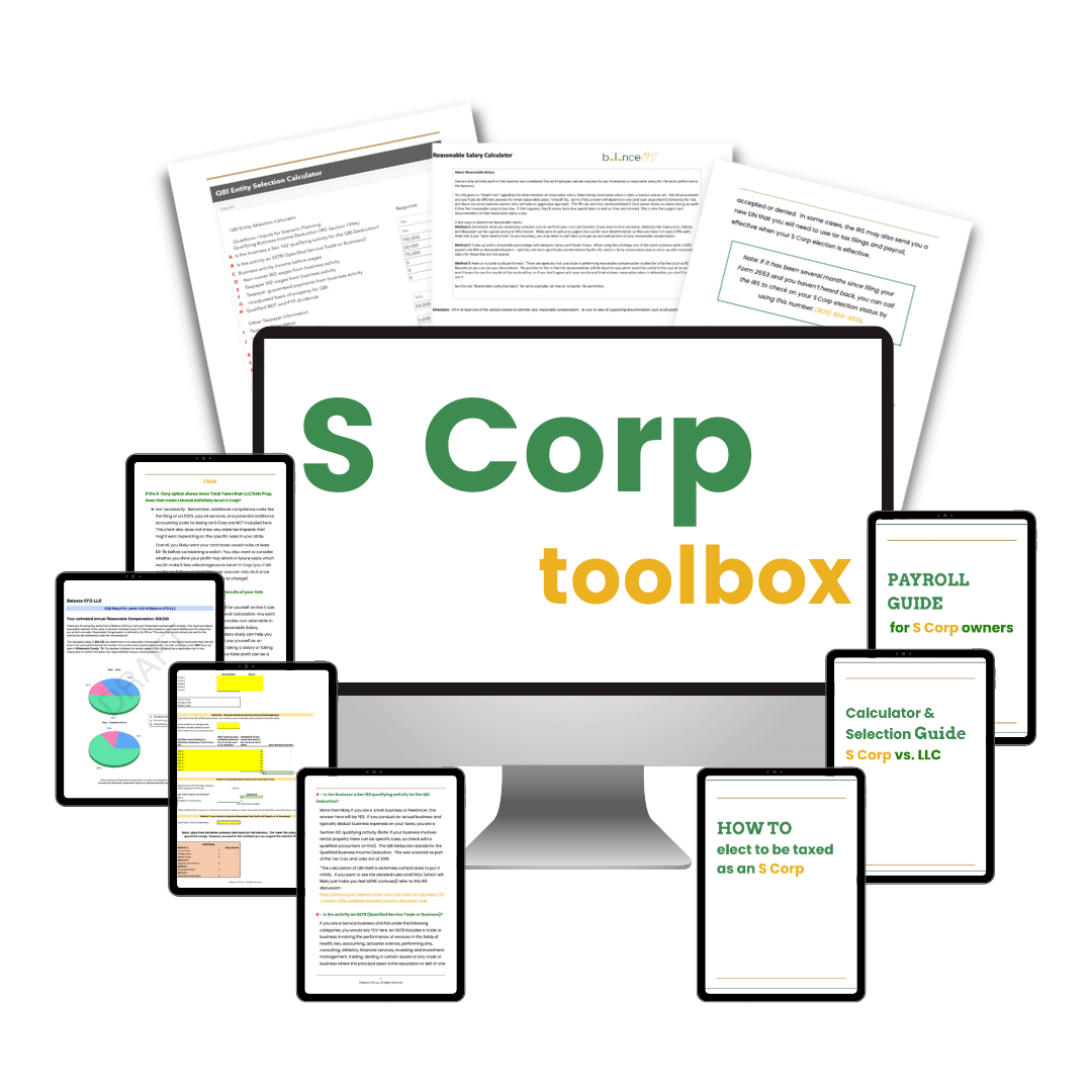 Find smart tax deductions in our S Corp Toolbox! This toolbox includes a payroll guide for s corp owners, how to elect to be taxed as an S Corp, a calculator & selection guide S Corp vs. LLC and more.
