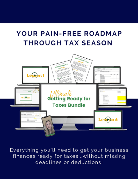 Your pain free roadmap for diytax prep through tax season. Everything you'll need to get your business finances ready for taxes ... without missing deadlines or deductions!