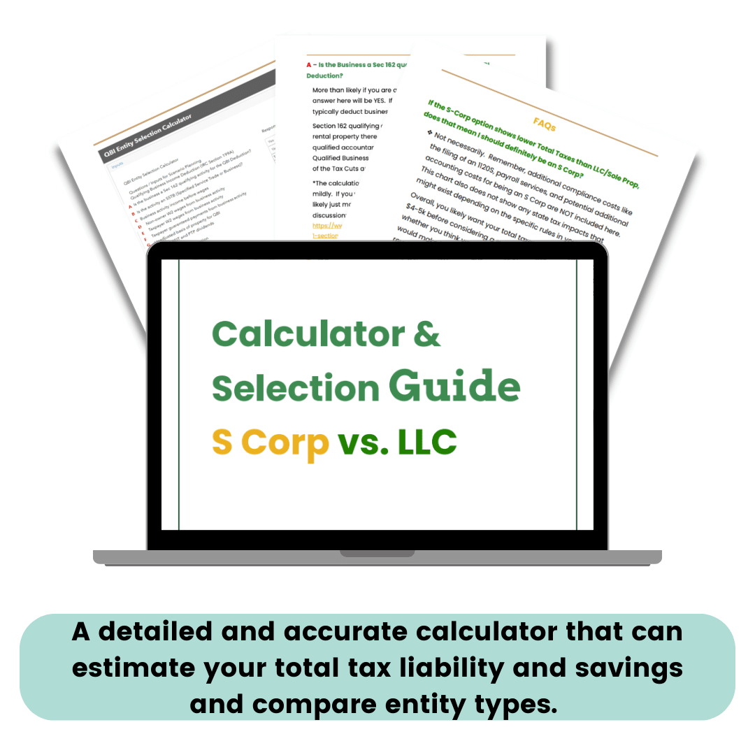 Calculator & Selection Guide: S Corp vs. LLC. A detailed and accurate financial calculator that can estimate your total tax liability and savings and compare entity types. You'll learn how to start an S corp.