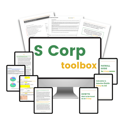 Find smart tax deductions in our S Corp Toolbox! This toolbox includes a payroll guide for s corp owners, how to elect to be taxed as an S Corp, a calculator & selection guide S Corp vs. LLC and more.